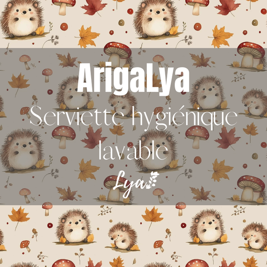 ARIGALYA | MOTIF OCTOBRE HÉRISSON ET CHAMPIGNON | SERVIETTE HYGIÉNIQUE LAVABLE LYA - sur commande